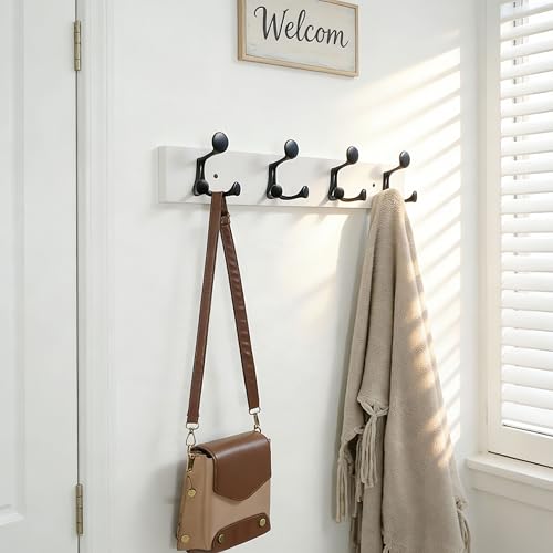 24 Inch White Wood Coat Rack Wall Mount with 4 Triple Hooks