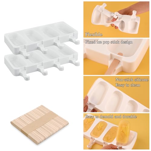 2 Pack 4 Cavity Popsicle Silicone Molds with 50 Wooden Sticks (2 Count of 1.6 ounces)
