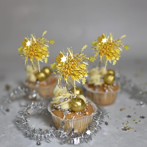 30Pcs Star Foil Firework Cupcake Toppers Sparkle Tinsel Cake Toppers Tinsel Drink Cake Decoration Cocktail Picks for Birthday Wedding Graduation Party Supplies Gold (30 Count)