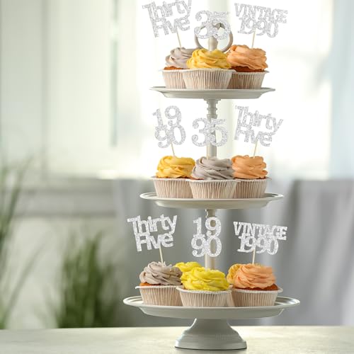 24Pcs Happy 35th Birthday Cupcake Toppers Glitter Thirty Five 35 Fabulous Vintage 1990 Cupcake Picks for 30th Birthday Wedding Anniversary Party Cake Decorations Supplies Rose Gold (24 Count)