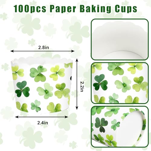 100Pcs St. Patrick's Day Paper Baking Cups Cupcake Wrappers Watercolor Green Shamrock Clover Scalloped Edge Cupcake Muffin Cases for Irish Dessert Decoration