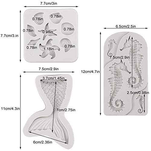 Mermaid Theme Cake Fondant Mold 3pcs Seahorse Seashell Starfish Mermaid Tail Under the Sea Silicone Baking Mold for Chocolate Candy Cake Decoration Polymer Clay Gum Paste Craft