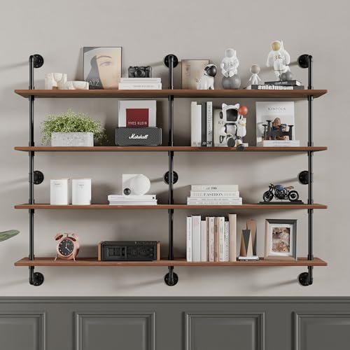Floating Book Shelves for Wall 4 Tier 70 inch Bookshelf Industrial Pipe Shelving Shelves Bookcase Industrial Bookshelves Pipe Shelf Wood Wall Shelf for Living Room (4 Count)