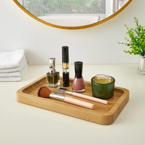 3 Pcs Bamboo Tray for Bathroom Bamboo Vanity Bathroom Counter Organizer Decorative Tea Serving Tray for Dresser Coffee Table Home Decor Toilet Tank Candle Perfume (3 Count)