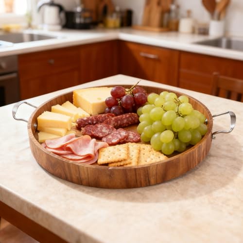 Large Round Tray 20" Round Wooden Tray Ottoman Tray with Handles Elegance and Easy to Pick Up