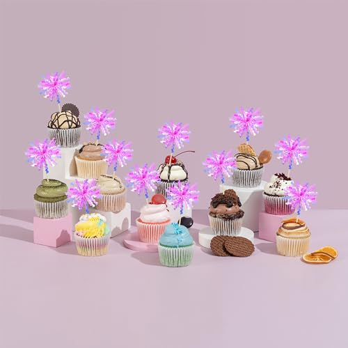 20Pcs Foil Firework Cupcake Toppers Happy Birthday Cake Toppers Sparkle Tinsel Flower Drink Stirrers Cocktail Food Fruit Toothpicks for Valentine's Day Party Supplies Rose Red (20 Count)