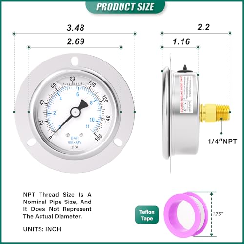 0 160PSI Panel Mount Front Flanged Glycerin Filled Pressure Gauge