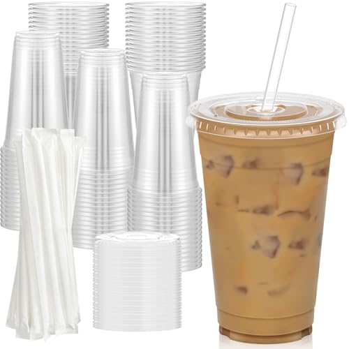 100 Pack 20 oz Clear Plastic Cups with Lids and Straws (100 Count)