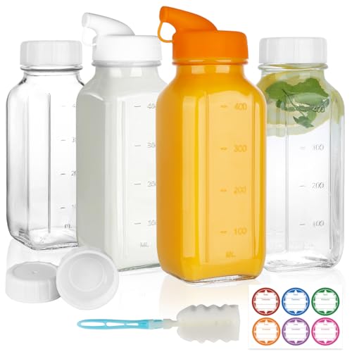 4 Pack 16 OZ Glass Milk Bottles with Lids (4 Count)