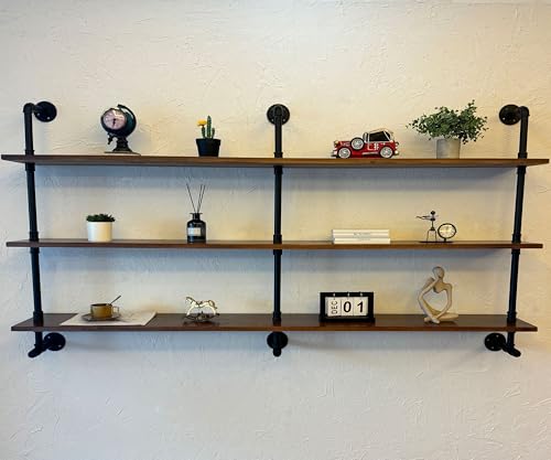 Industrial Pipe Wall Shelves Pipe Shelving with Real Wood Plank 70 Inches