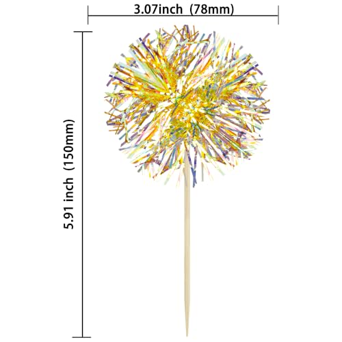 30Pcs Foil Firework Cupcake Toppers Sparkle Tinsel Cake Toppers Tinsel Drink Cake Decoration Cocktail Picks for Halloween Birthday Wedding Graduation Party Supplies Laser Yellow (30 Count)