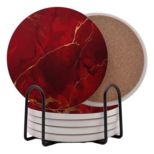 Dark Red Agate Marble Round Coasters Set of 6