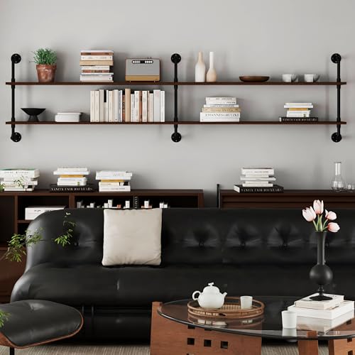 Industrial Pipe Wall Shelves Pipe Shelving with Real Wood Plank 70 Inches (2 Count)