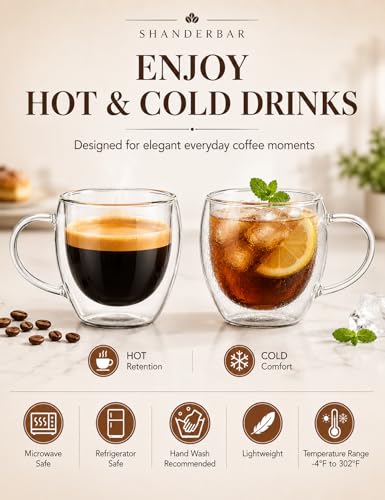 5oz Double Walled Glass Coffee Mugs with Handles (4 Count)
