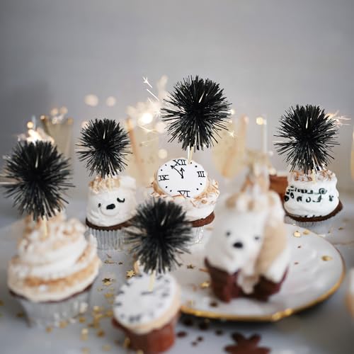 30Pcs Foil Firework Cupcake Toppers Sparkle Tinsel Cake Toppers Tinsel Drink Cake Decoration Cocktail Picks for Birthday Wedding Graduation Party Supplies Black (30 Count)