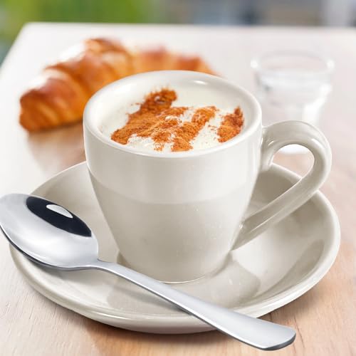 Porcelain Espresso Shot Cup Set with Saucers and Stainless Steel Spoons (4 Count)