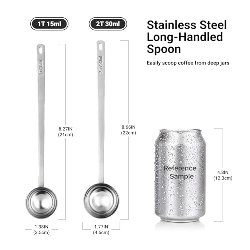 2PCS Coffee Scoop for Ground Coffee Stainless Steel Measuring Spoons Long Handle 30ml 8.66in and 15ml 8.27in Set for Deep Jars Beans Protein Powder Flour