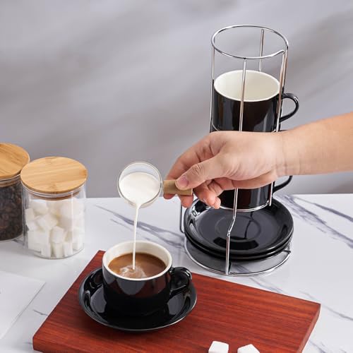 8 Ounce Stackable Cappuccino Cups with Saucers and Metal Stand