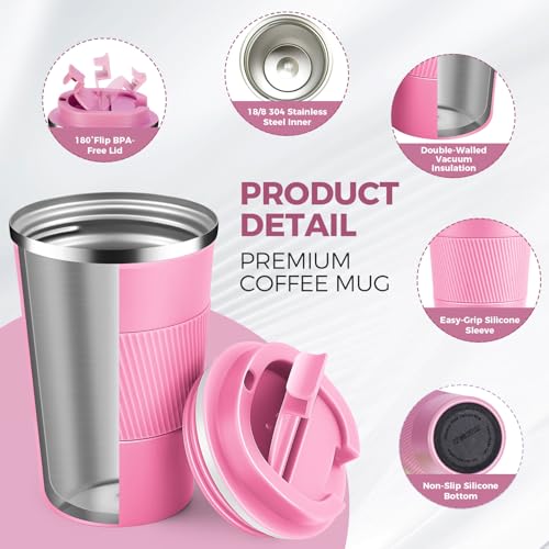 13 oz Stainless Steel Insulated Travel Coffee Mug with Fip Lid Bulk 4 Pack (4 Count)