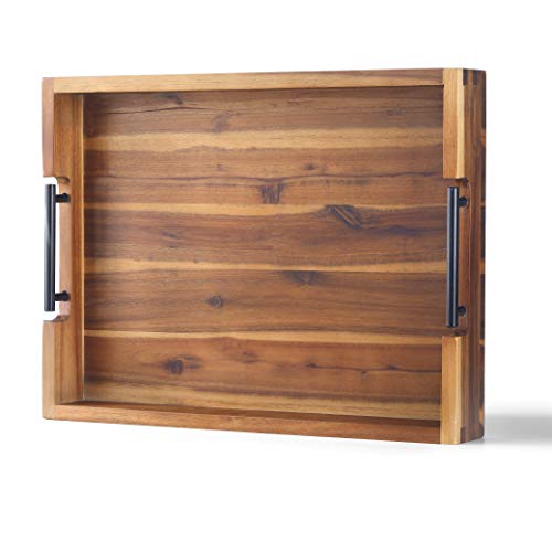 Ottoman Tray Acacia Wood Serving Tray with Metal Handles