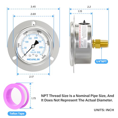 0~5000Psi Liquid Filled Pressure Gauge Front Flange Panel Mount
