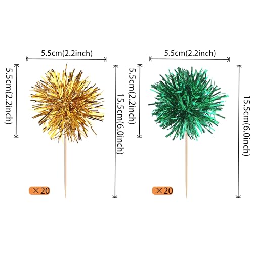 40 PCS Foil Firework Cupcake Toppers Fireworks Cupcake Picks Sparkle Tinsel Cake Decorations Cocktail Fruit Toothpick for Firework Theme Birthday Wedding Graduation Party Decor Supplies Gold Green (40 Count)