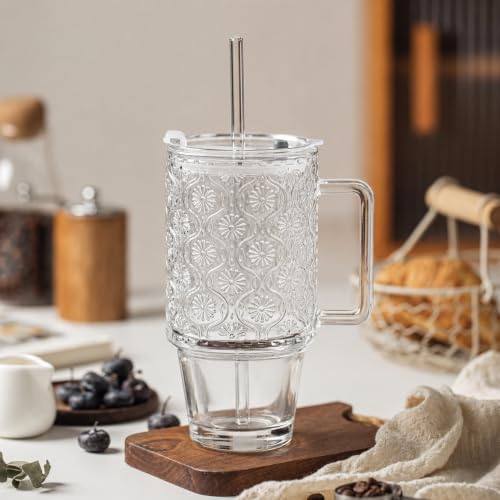 24oz Ribbed Glass Tumbler with Handle & Lid