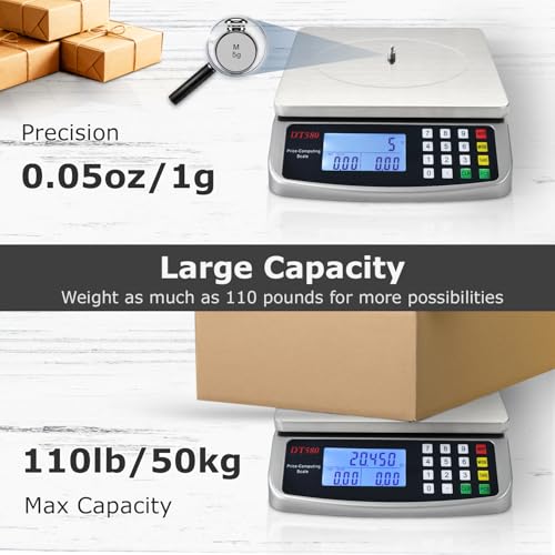 110lb 50kg Food Scale Digital Kitchen Scale with Tray Large LCD Display 304 Stainless Steel Commercial Price Computing Scale Counting Scale for Baking Cooking Meat Industry Counting Adapter Included (2.2 Count)