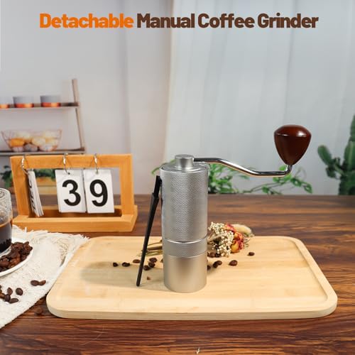 Manual Coffee Grinder Gift Box Detachable Stainless Steel Conical Burr Aluminum Coffee Bean Grinder with 25 Grinding Settings Cleaning Brush Grindable Espresso Moka Pot for Camping Silver