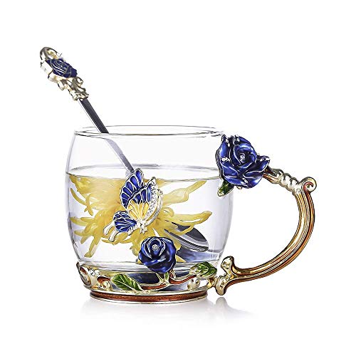 butterfly flower Glass Mug Tea Cup with Spoon Gifts For Women