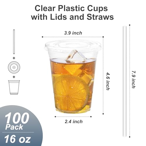100 Pack 16 oz Clear Plastic Cups with Lids and Straws (100 Count)
