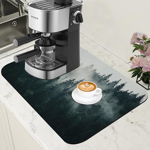Foggy Forest Coffee Mat Absorbent Dish Drying Mat for Kitchen Counter Hide Stain Rubber Backed Coffee Bar Accessories Fit Under Espresso Machine Dish Drainer