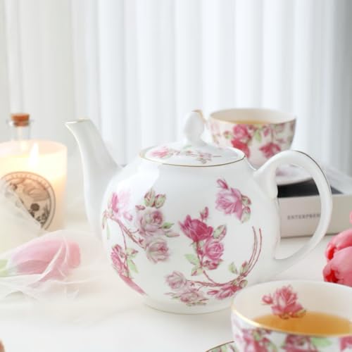 Gold Plated Red Rose Ceramic Tea Set Elizabeth Vintage Tea Sets with Teapot Coffee Serving For Women and Tea Parties