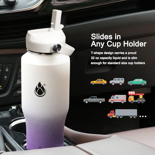 32oz Water Bottle Wide Mouth Stainless Steel Vacuum Insulated Double Wall with 2 Straw Lids Fit in Any Car Cup Holder TXIN