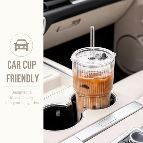 20oz Ribbed Glass Tumbler with Bamboo Lid and Straw
