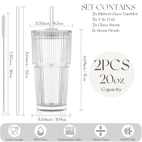 20oz Ribbed Glass Tumblers with Lids and Straws