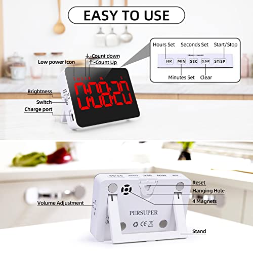 Digital Timer Kitchen Timer Count Down Up Rechargeable Kitchen Gadgets Vibration Mode Adjustable Volume and Brightness LED Display Time Management for Cook