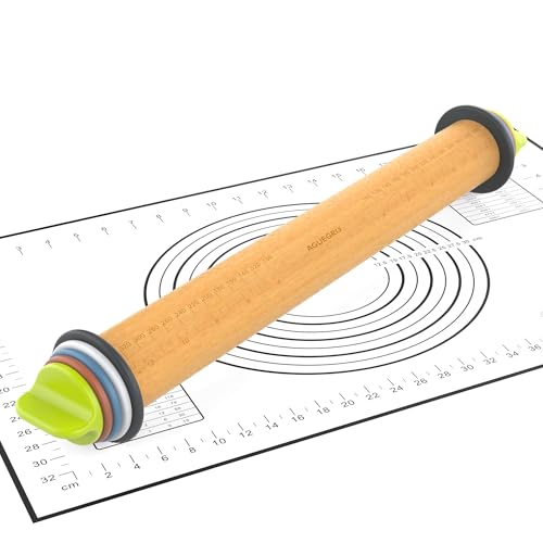 Adjustable Rolling Pin with 4 Thickness Rings &Pastry Mat For Baking Dough (2 Count)