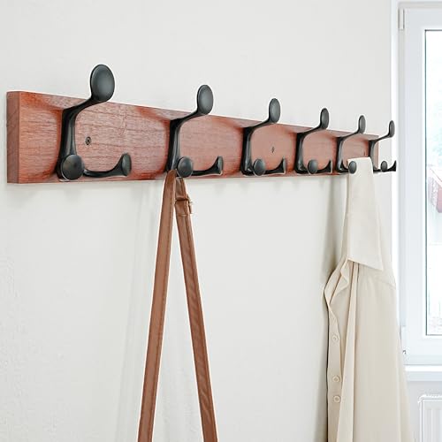 39 Inch Cherry Wood Coat Rack Wall Mount with 6 Triple Hooks
