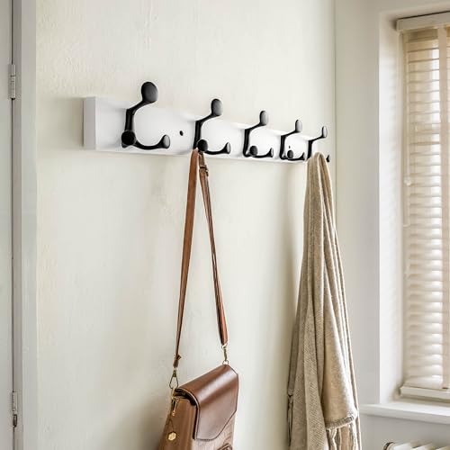 30 Inch White Wood Coat Rack Wall Mount with 5 Triple Hooks