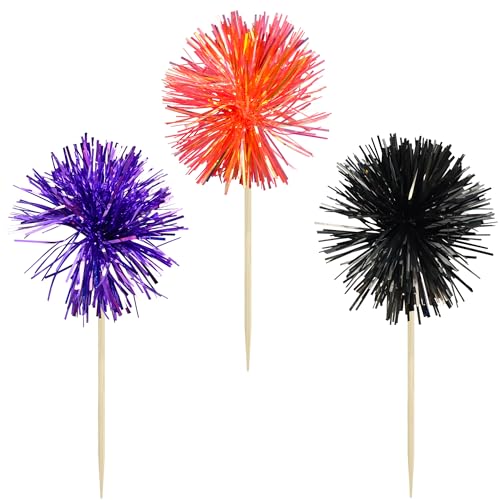 30Pcs Foil Firework Cupcake Toppers Sparkle Tinsel Cake Toppers Tinsel Drink Cake Decoration Cocktail Picks for Halloween Birthday Wedding Graduation Party Supplies Purple Black Orange (30 Count)
