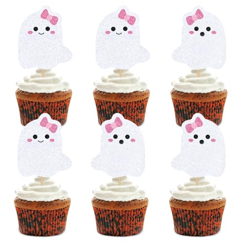 48Pcs Halloween Cupcake Toppers Pink Bow Ghost Cupcake Picks Cute Ghost Cake Decorations for Halloween Birthday Party Supplies (48 Count)
