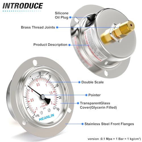 30inHG~30Psi Liquid Filled Pressure Gauge Front Flange Panel Mount