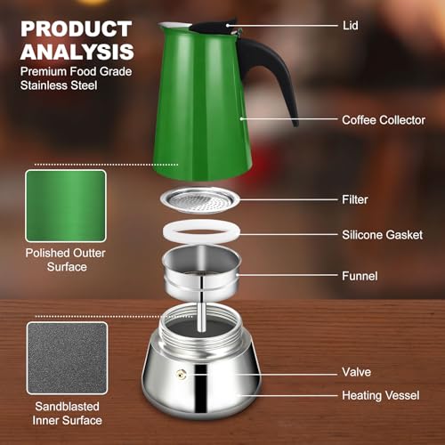 2 Cup Stovetop Espresso Maker Stainless Steel Moka Pot Stove Top Percolator Italian Coffee Makers Capable Mocha Greca Machine Cafe Classic Induction Cookers for Home and Camping 100ml 3.3oz