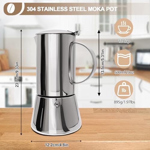 304 Thickened Stainless Steel Uncoated 12 Cup Moka Pot 600ml 20oz