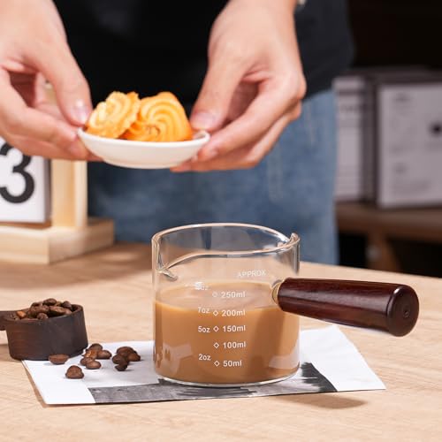 250ML 8.5OZ Measuring Cup 2pack Espresso Shot Glasses Double Spouts Coffee Cup with Wood Handle Triple Pitcher Milk Cup Parts Clear Glass By BCnmviku