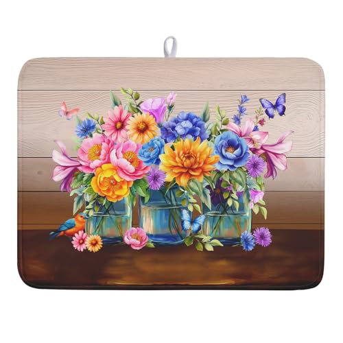 Summer Flowers Dish Drying Mat for Kitchen Counter 18x24in Vintage Colorful Floral Kitchen Drying Mat Soft Absorbent Microfiber Farmhouse Flowers Dish Drainer Rack Mats for Kitchen Countertops