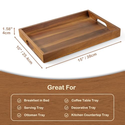 15 Inch Acacia Wood Serving Tray with Handles