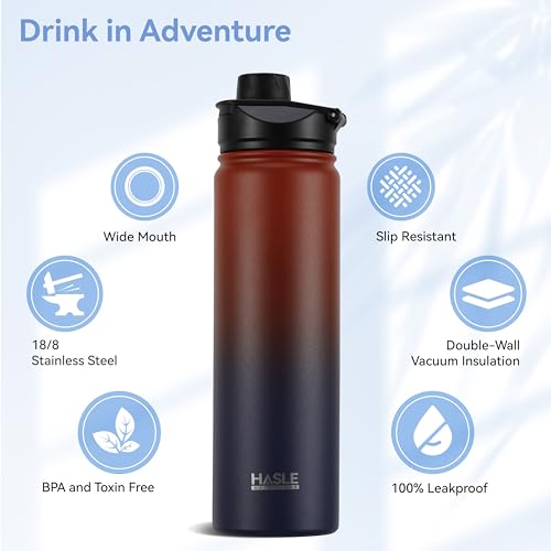 Insulated Water Bottle 22 oz Double Wall Stainless Steel Water Bottle Wide Mouth with Straw Lid & Spout Lid Keeps Cold or Hot
