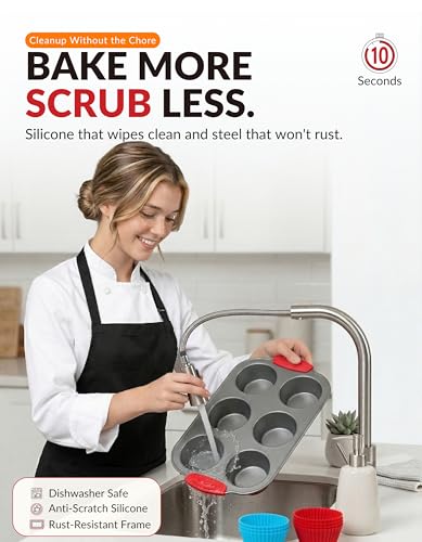 Non Stick Steel 6 Cup Muffin Pan with Silicone Handles and Reusable Liners